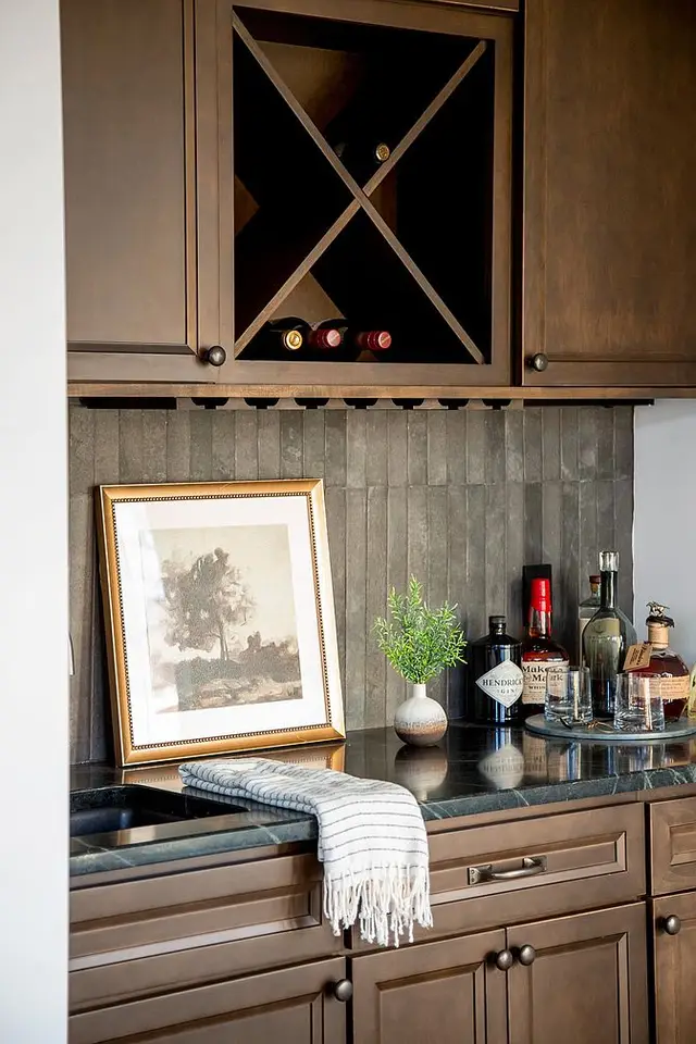 Walnut bar cabinet with an X-lattice wine cubby